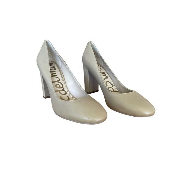 Sam Edelman Womens Cream Stillson Leather Round Toe Block Heel Pump Size 9.5 - Picture 1 of 8